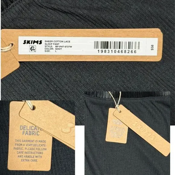 NWT SKIMS Sheer Cotton Lace Sleep Pants L Soot (Black) Lounge Pajama - Picture 6 of 6